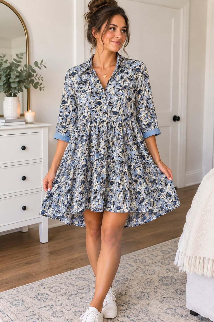 Tuckernuck Ro's Garden Blue Floral Print Tiered Shirt Dress